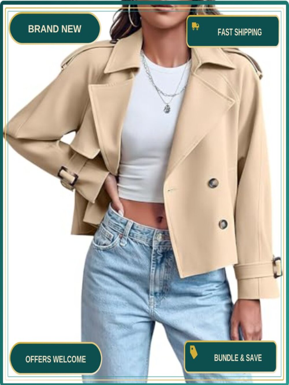 Women's Double Breasted Short Trench Coat Loose Cropped Windproof Jacket